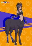  1girl animal_ears black_hair brown_eyes brown_thoroughbred_(kemono_friends) centaur dark_skin fingerless_gloves gloves highres horse_ears japan_racing_association japari_symbol kemono_friends kyabetsu_(redgale1) logo long_hair monsterification solo 