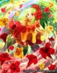  1girl anklet bracelet cardfight!!_vanguard company_name flower full_body green_hair hair_flower hair_ornament jewelry leaf maiden_of_canna moreshan official_art open_mouth orange_eyes solo sparkle teeth 