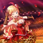  1girl ;d bangs bare_shoulders black_gloves blonde_hair blue_eyes blush breasts cleavage confetti corset dress dutch_angle eyebrows_visible_through_hair frills gloves hand_up heart idolmaster idolmaster_cinderella_girls large_breasts long_hair looking_at_viewer one_eye_closed ootsuki_yui open_mouth red_dress smile solo stage zaxwu 