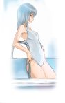  1girl bangs blue_eyes cowboy_shot daisuke_(dskman) from_side girls_und_panzer itsumi_erika long_hair looking_down one-piece_swimsuit parted_lips pool silver_hair solo standing swimsuit wading white_swimsuit 