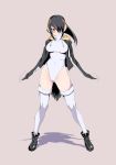  1girl black_hair black_jacket brown_eyes covered_navel emperor_penguin_(kemono_friends) facing_viewer full_body hair_over_one_eye headphones highleg highleg_leotard jacket kemono_friends leotard long_hair multicolored_hair solo standing thigh-highs ulrich_(tagaragakuin) white_legwear white_leotard 