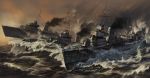 abe_yasushi_(umizoi_tibet) gverny-class_destroyer military military_vehicle no_humans ocean ship smokestack turret warship watercraft waves 