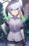  1girl bangs bird_wings black_gloves black_hair breast_pocket breasts collared_shirt cowboy_shot feathered_wings fingerless_gloves gloves grey_legwear hair_between_eyes hand_on_hip head_wings heiwa_(murasiho) highres kemono_friends large_breasts long_hair looking_at_viewer low_ponytail multicolored_hair orange_hair pantyhose parted_lips pocket shirt shoebill_(kemono_friends) side_ponytail silver_hair silver_necktie silver_shirt silver_shorts solo tsurime wings yellow_eyes 