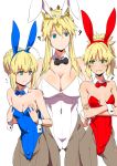  3girls ahoge animal_ears artoria_pendragon_lancer_(fate/grand_order) blonde_hair braid breast_envy breasts bunnysuit clearite cleavage crossed_arms crown cuffs fate_(series) green_eyes hair_between_eyes hair_bun large_breasts long_hair multiple_girls pantyhose pony ponytail rabbit_ears saber saber_of_red sidelocks simple_background 