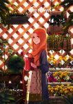  1girl apron brown_eyes flower garden highres hijab looking_at_viewer original persona92 smile solo watering_can 