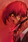  1boy choker hair_over_one_eye hankuri male_focus open_mouth redhead short_hair simple_background solo the_king_of_fighters yagami_iori yellow_eyes 