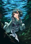  1girl absurdres blue_eyes blue_hair bubble diving head_fins highres japanese_clothes kimono long_sleeves looking_away mermaid monster_girl open_mouth pyonsuke_(pyon2_mfg) short_hair solo touhou underwater wakasagihime water wide_sleeves 