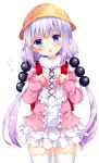  1girl :o backpack bag bangs beads blouse blue_eyes blunt_bangs blush bow buttons capelet center_frills cowboy_shot dragon_girl dress eyebrows_visible_through_hair frilled_capelet frilled_skirt frills gothic_lolita gradient gradient_hair hair_beads hair_ornament hands_up hat kanna_kamui kobayashi-san_chi_no_maidragon lavender_hair lolita_fashion long_hair long_sleeves looking_at_viewer low_twintails microdress multicolored_hair nogi_takayoshi open_mouth purple_hair randoseru school_hat simple_background skirt smile solo tail thigh-highs twintails very_long_hair white_background white_hair white_legwear yellow_hat 