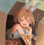  1girl ^_^ animal_ears bare_shoulders blush bow bowtie box cardboard_box cat_ears cat_tail closed_eyes commentary elbow_gloves eyelashes facing_viewer fang gloves ha_ru happy in_box in_container indoors kemono_friends open_mouth orange_hair serval_(kemono_friends) serval_ears serval_print serval_tail shirt short_hair sitting skirt sleeveless sleeveless_shirt smile socks solo striped_tail tail thigh-highs translated |d 