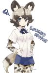  1girl 3: absurdres african_wild_dog_(kemono_friends) african_wild_dog_ears african_wild_dog_print african_wild_dog_tail animal_ears animal_print annoyed artist_name blonde_hair blue_ribbon breast_pocket brown_hair character_name closed_mouth collared_shirt commentary cowboy_shot denim denim_shorts eyebrow_twitching eyebrows eyebrows_visible_through_hair fingernails grey_eyes hair_between_eyes hands_on_hips highres kamaboko_red kemono_friends long_sleeves looking_at_viewer multicolored_hair neck_ribbon pocket print_legwear print_shirt ribbon scientific_name shirt short_hair short_over_long_sleeves short_shorts short_sleeves shorts signature simple_background solo squiggle sweat tail two-tone_hair wavy_mouth white_background white_shirt wing_collar 
