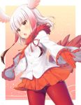  1girl blush crested_ibis_(kemono_friends) eyebrows_visible_through_hair highres jiiwara kemono_friends long_hair long_sleeves looking_away multicolored_hair open_mouth pantyhose red_legwear red_ribbon redhead ribbon solo thigh-highs two-tone_hair white_hair yellow_eyes 