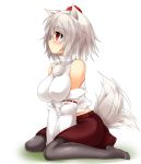  1girl animal_ears bare_shoulders blush breasts detached_sleeves hat highres inubashiri_momiji large_breasts midriff pantyhose profile red_eyes revision ribbon-trimmed_sleeves ribbon_trim short_hair silver_hair sitting skirt solo tail tail_wagging tokin_hat touhou transparent_background us2s v_arms wariza wolf_ears wolf_tail 