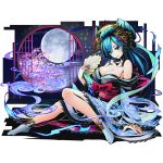  1girl bare_shoulders blue_eyes blue_hair breasts cleavage collarbone divine_gate fan full_body full_moon hair_ornament holding holding_fan japanese_clothes kimono large_breasts long_hair moon off_shoulder official_art ponytail sash socks solo transparent_background ucmm very_long_hair yukata 