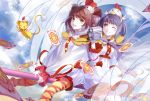  2girls antenna_hair bird black_hair blush brown_hair card card_captor_sakura chicken clow_card daidouji_tomoyo fuuin_no_tsue green_eyes kero kinomoto_sakura long_hair looking_at_viewer magical_girl multiple_girls open_mouth rooster rooster_costume short_hair smile striped striped_legwear violet_eyes wings 