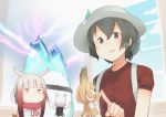  4girls :d animal_ears arm_up arms_up bangs black_hair blonde_hair blue_eyes blunt_bangs blush_stickers character_request closed_mouth expressionless eyebrows_visible_through_hair fur_collar fuu_fuu gradient_hair grey_hat hair_between_eyes hat highres index_finger_raised jitome kaban kemono_friends looking_at_another multicolored_hair multiple_girls o_o open_mouth red_shirt serval_(kemono_friends) serval_ears serval_tail shirt short_hair short_sleeves sidelocks size_difference skirt smile tail two-tone_hair 