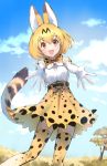  1girl animal_ears bare_shoulders blonde_hair blue_sky blush bow bowtie breasts clouds day dress elbow_gloves gloves grass happy highres ice_(ice_aptx) kemono_friends looking_at_viewer outstretched_arms reaching_out serval_(kemono_friends) serval_ears serval_print serval_tail short_hair sky sleeveless sleeveless_dress smile solo standing tail teeth thigh-highs tree yellow_eyes 