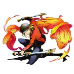  1boy blonde_hair cabbie_hat denim divine_gate dual_wielding full_body hat hat_over_one_eye jacket jeans leonardo_(divine_gate) looking_at_viewer male_focus official_art one_knee paintbrush pants red_jacket short_hair solo squatting transparent_background ucmm yellow_eyes 