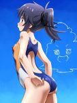  1girl ass awa black_hair blue_eyes blue_swimsuit blush character_request competition_swimsuit copyright_request day erect_nipples from_behind long_hair one-piece_swimsuit ponytail sky solo swimsuit 
