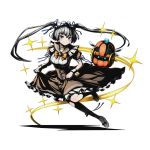  1girl ankle_ribbon blue_ribbon bow bowtie divine_gate floating_hair full_body hari_ribbon long_hair maid_headdress official_art one_leg_raised orange_bow ribbon shadow silver_hair skirt_hold solo transparent_background twintails ucmm very_long_hair wrist_cuffs 