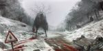  blood blood_stain car day forest glowing glowing_eyes ground_vehicle looking_at_viewer monster motor_vehicle nachoyague nature no_humans original revision road road_sign sign signature sky snow tree troll upside-down vehicle 