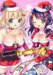  3girls bell bell_choker black_hair blonde_hair blush breasts choker cleavage closed_eyes dreaming elbow_gloves gloves green_eyes hat highres kurou_(quadruple_zero) large_breasts looking_at_viewer multiple_girls one_eye_closed open_mouth original red_choker red_gloves red_ribbon ribbon santa_costume santa_hat silver_hair smile striped striped_ribbon thigh-highs trophy white_ribbon 