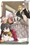  4boys 91_days avilio_bruno bird black_hair blonde_hair blue_eyes brown_eyes brown_hair cat chicken chopsticks corteo facial_hair fango food food_on_head fruit fruit_on_head glasses hairy_legs highres hotpot ioa2324 japanese_clothes kotatsu looking_at_another multiple_boys nero_vanetti object_on_head open_mouth orange rooster table yellow_eyes 