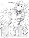  1boy 1girl bodysuit cosplay crossover english gloves highres holding holding_staff kantai_collection kashima_(kantai_collection) mechanical_halo mechanical_wings mercy_(overwatch) mercy_(overwatch)_(cosplay) monochrome overwatch spread_wings staff twintails wangphing wings 