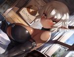  1girl bare_shoulders belt breasts cup dark_elf dark_skin dutch_angle elbow_gloves elf english gloves large_breasts looking_at_viewer original pointy_ears shaun_(fallenicons) solo sweatdrop teacup under_boob white_hair 