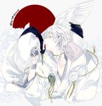  1boy 2017 animal armor artist_name bird crane_(animal) dated eyelashes feathered_wings flower gloves japanese_armor japanese_clothes looking_at_another male_focus pale_skin partly_fingerless_gloves personification solo touken_ranbu tsurumaru_kuninaga white_background white_hair wings wristband yellow_eyes 