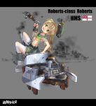  1girl aa_gun absurdres animal_ears blonde_hair boots breasts cannon character_name clothes crab damaged english fire green_eyes hat highres looking_at_viewer military military_vehicle navel open_mouth pleated_skirt propeller radar remodel_(zhan_jian_shao_nyu) roberts_(zhan_jian_shao_nyu) royal_navy saliva ship side_ponytail sirills sitting skirt small_breasts solo teras thigh-highs torn torn_clothes torn_thighhighs turret warship watercraft white_legwear zhan_jian_shao_nyu 