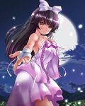  1girl black_hair blush bow brown_eyes chisato_(missing_park) closed_mouth clouds cowboy_shot dark_clouds dress flower_knight_girl full_moon hair_bow long_hair looking_at_viewer moon night outstretched_hand petals pink_bow pink_dress shiny shiny_skin smile solo tsukimisou_(flower_knight_girl) white_bow 