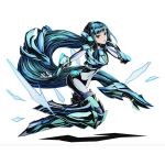  1girl absurdly_long_hair armor armored_boots blue_eyes blue_hair boots covered_navel divine_gate finger_to_mouth full_body gloves long_hair looking_at_viewer low-tied_long_hair mecha_musume official_art shadow solo transparent_background ucmm very_long_hair white_gloves 