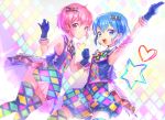  1boy 1girl a_k_o arm_up armpits bare_shoulders blue_eyes blue_hair blush bow brother_and_sister checkered checkered_legwear dorothy_west dress gloves hair_bow hands_together highres leona_west looking_at_viewer mole mole_under_eye open_mouth pink_eyes pink_hair pripara revision short_hair siblings sleeveless smile thigh-highs trap twins 
