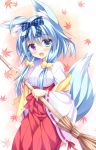  1girl :3 :d absurdres animal_ears bangs bell blue_eyes blue_hair blue_ribbon blush bow breasts broom brown_background cowboy_shot eyebrows_visible_through_hair falling_leaves fox_ears fox_girl fox_tail hair_bell hair_between_eyes hair_bow hair_ornament hakama hand_up heterochromia highres holding holding_broom japanese_clothes jingle_bell kemonomimi_mode kimono leaf long_hair long_sleeves looking_at_viewer looking_to_the_side low_twintails maple_leaf medium_breasts miko minatsuki_kou nanakuni_kotone natsuiro_kokoro_log open_mouth red_hakama red_skirt ribbon ribbon-trimmed_sleeves ribbon_trim shiny shiny_hair skirt smile solo standing striped striped_ribbon tail twintails two-tone_background violet_eyes white_background white_kimono wide_sleeves 