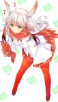  1girl bangs blunt_bangs crested_ibis_(kemono_friends) frilled_sleeves frills gloves head_wings kemono_friends long_sleeves looking_at_viewer min-naraken multicolored_hair open_mouth pantyhose pleated_skirt red_gloves red_legwear redhead shirt sidelocks skirt two-tone_hair white_hair white_shirt wide_sleeves yellow_eyes 