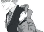  1boy coat formal fuji_(c-b-s) greyscale male_focus monochrome necktie profile smile suit viktor_nikiforov yuri!!!_on_ice 