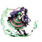  1girl collarbone divine_gate dress eyebrows floating_hair frilled_dress frills full_body green_dress green_eyes hair_ribbon hands_together interlocked_fingers long_hair looking_at_viewer official_art purple_hair purple_shoes red_ribbon ribbon see-through shadow shoes short_sleeves solo transparent_background ucmm very_long_hair 