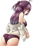  1girl bare_shoulders blouse bra breasts brown_eyes hagikaze_(kantai_collection) half_updo highres kamelie kantai_collection light_smile long_hair medium_breasts one_side_up panties purple_bra purple_hair purple_panties short_sleeves simple_background solo underwear undressing white_background white_blouse 