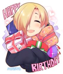  1girl birthday blonde_hair bow closed_eyes dated english gift hair_over_one_eye heart holding idolmaster idolmaster_cinderella_girls long_sleeves open_mouth shachi_kamaboko shirasaka_koume short_hair sleeves_past_wrists smile solo upper_body 