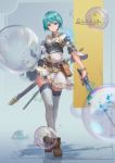  1girl absurdres aqua_hair artist_name belt blue_eyes boots bracelet brown_boots bubble character_name clacia full_body gauntlets highres holding holding_sword holding_weapon jewelry looking_at_viewer original pouch sheath sketch solo standing sword thigh-highs weapon white_legwear yuho_(goodtest) 