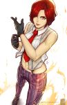  1girl bare_shoulders erica_june_lahaie gloves hair_over_one_eye highres lipstick looking_at_viewer makeup mature midriff navel red_eyes redhead short_hair smile solo striped striped_legwear suspenders the_king_of_fighters the_king_of_fighters_xiv vanessa_(king_of_fighters) 