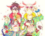  2boys animal_ears bacon blue_eyes bowl camera candy card cherry_blossoms collarbone drink drinking_straw eating egg fake_animal_ears flower food food_on_face glasses grin hamburger heart_shape holding holding_food hood hood_down hoodie hot_dog jacket jar lettuce looking_at_another mikazuki_munechika multiple_boys pale_skin petals phone phone_screen phone_with_ears pocket shiny shiny_hair smile sparkling_eyes star_shades strap sweater teeth time touken_ranbu tsurumaru_kuninaga white_background white_hair yellow_eyes 