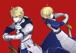  1boy 1girl ahoge armor armored_dress ayumi_(xiwu) blonde_hair blush dual_persona excalibur excalibur_(fate/prototype) fate/grand_order fate/prototype fate/stay_night fate_(series) gauntlets green_eyes hair_bun hair_ribbon long_hair looking_at_viewer ribbon saber saber_(fate/prototype) short_hair simple_background sword weapon 