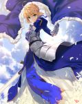  1girl armor blonde_hair blue_cape blue_dress cape cape_removed clouds day dress excalibur eyebrows_visible_through_hair fate/stay_night fate_(series) green_eyes highres holding holding_sword holding_weapon long_sleeves looking_at_viewer saber short_hair smile solo sword weapon yang-do 