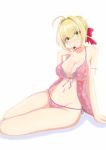  1girl ahoge babydoll blonde_hair blush breasts cleavage fate/extra fate_(series) finger_to_mouth green_eyes hair_ribbon lingerie looking medium_breasts navel panties ribbon saber_extra side-tie_panties simple_background sitting smile solo souryu_1231 underwear white_background 