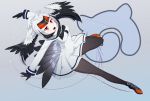  1girl black_hair blonde_hair blush bow bowtie feathered_wings gloves grey_background grey_hair japari_symbol kemono_friends long_hair multicolored_hair open_mouth panties ponytail red_eyes redhead scarf simple_background skates solo underwear white-naped_crane_(kemono_friends) white_hair wings 
