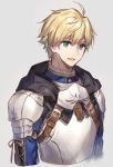  1boy ahoge armor blonde_hair breastplate chokoan_(tyokoa4649) fate/prototype fate_(series) gauntlets green_eyes looking_at_viewer male_focus open_mouth saber_(fate/prototype) short_hair simple_background solo 