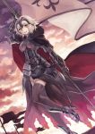  1girl ahoge armor armored_boots armored_dress bangs black_legwear boots cape commentary_request dutch_angle fate/grand_order fate_(series) flag fur gauntlets headpiece jeanne_alter looking_at_viewer miyakure parted_lips revision ruler_(fate/apocrypha) short_hair smile solo thigh-highs white_hair yellow_eyes 