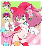  1girl animal_ears bell bell_collar bikini blush cat_ears cat_paws cat_tail collar cosplay cowboy_shot elbow_gloves flower gloves green_eyes hair_flower hair_ornament high_ponytail jibanyan jibanyan_(cosplay) long_hair multicolored_hair multiple_tails navel nollety notched_ear paws pink_hair solo swimsuit tail thigh-highs tsubakihime_(youkai_watch) two-tone_hair two_tails youkai youkai_watch 