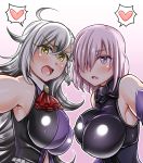  2girls ahoge alternate_costume armor armored_dress blush braid breasts dress elbow_gloves erect_nipples fate/grand_order fate_(series) gloves hair_over_one_eye heart large_breasts long_hair looking_at_viewer mabo-udon multiple_girls olga_marie open_mouth purple_gloves purple_hair shielder_(fate/grand_order) short_hair silver_hair sleeveless sleeveless_dress spoken_heart violet_eyes yellow_eyes 